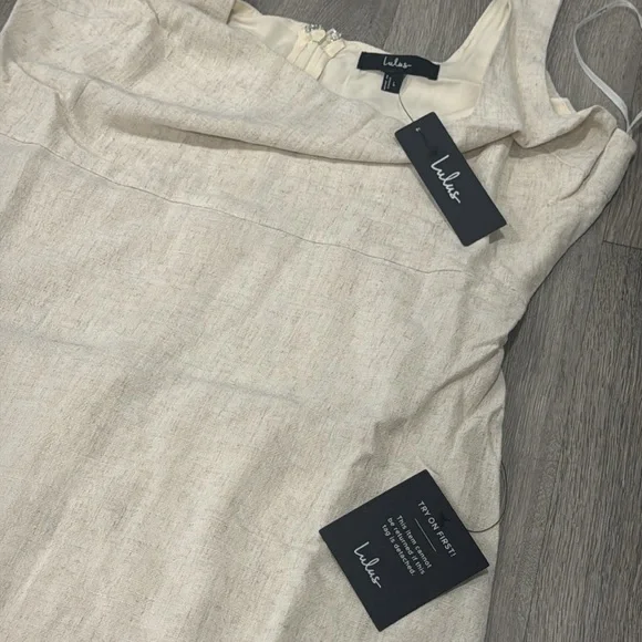 Chic Beige Cream Linen Pom Pom Women’s Midi Dress Lulu’s Boho Large - Picture 11 of 16